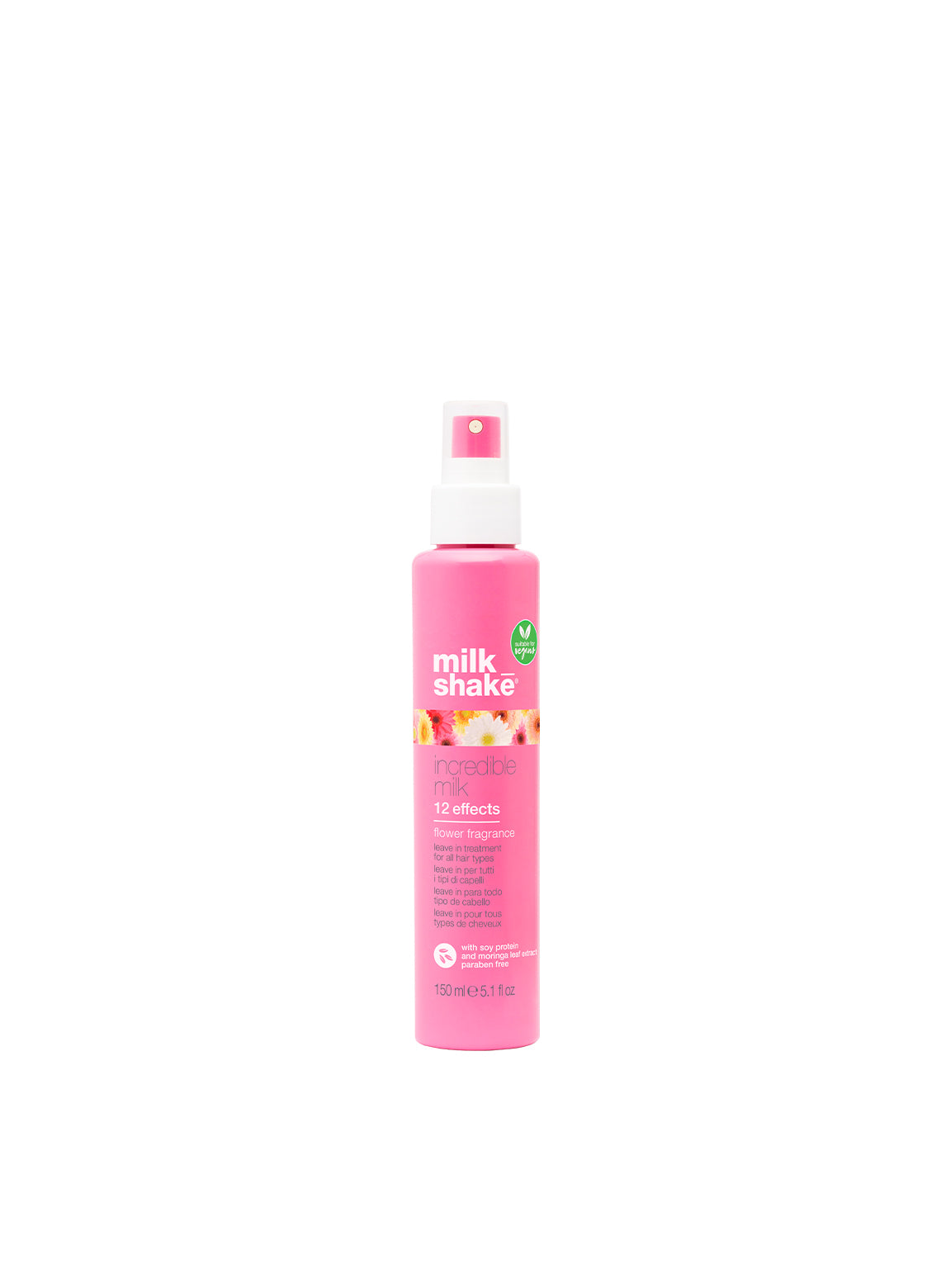 A bottle of incredible milk leave in treatment flower 150ml, primarily pink in color with product information and branding visible.